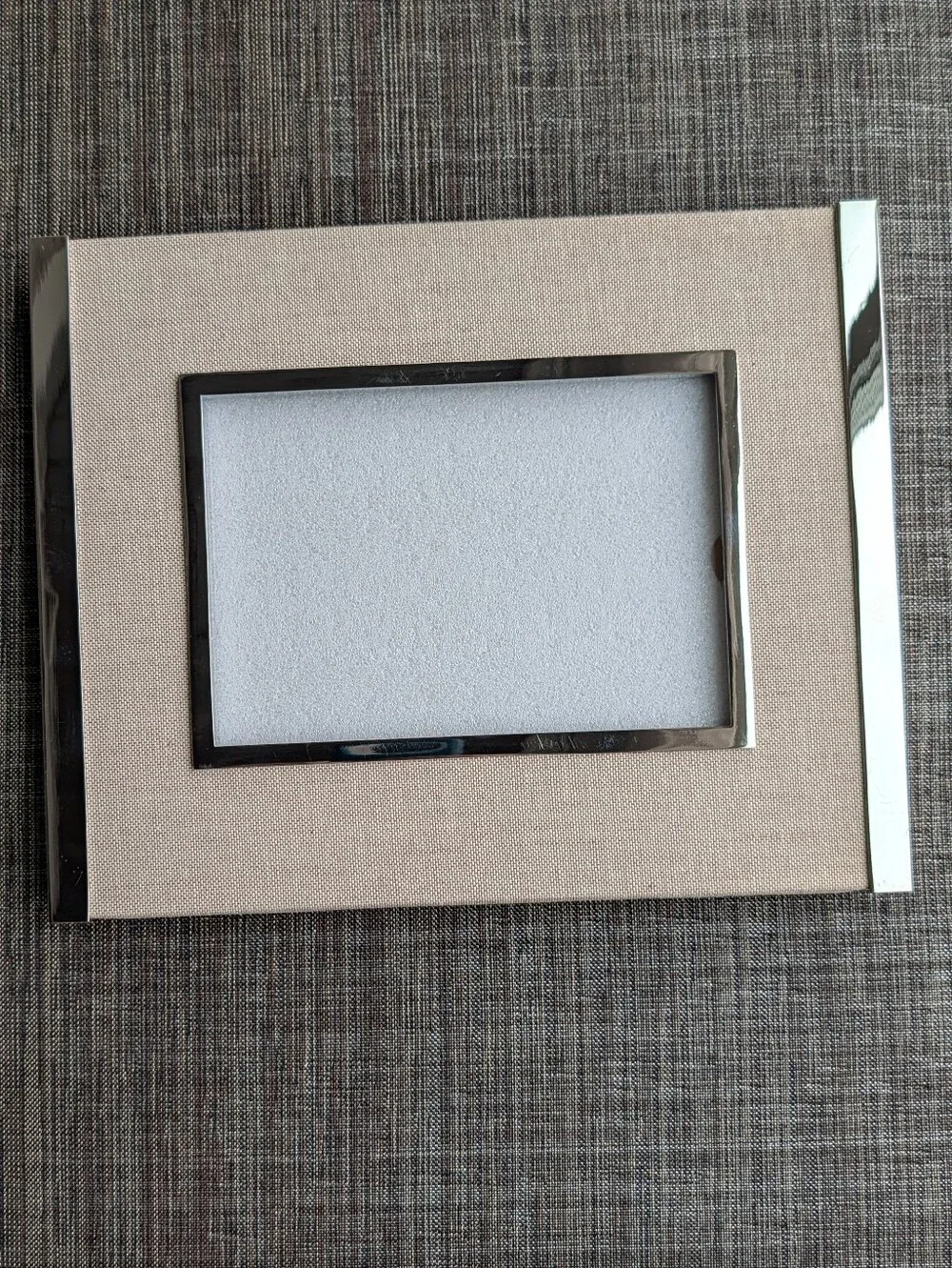 POTTERY BARN linen and chrome picture frame 4x6